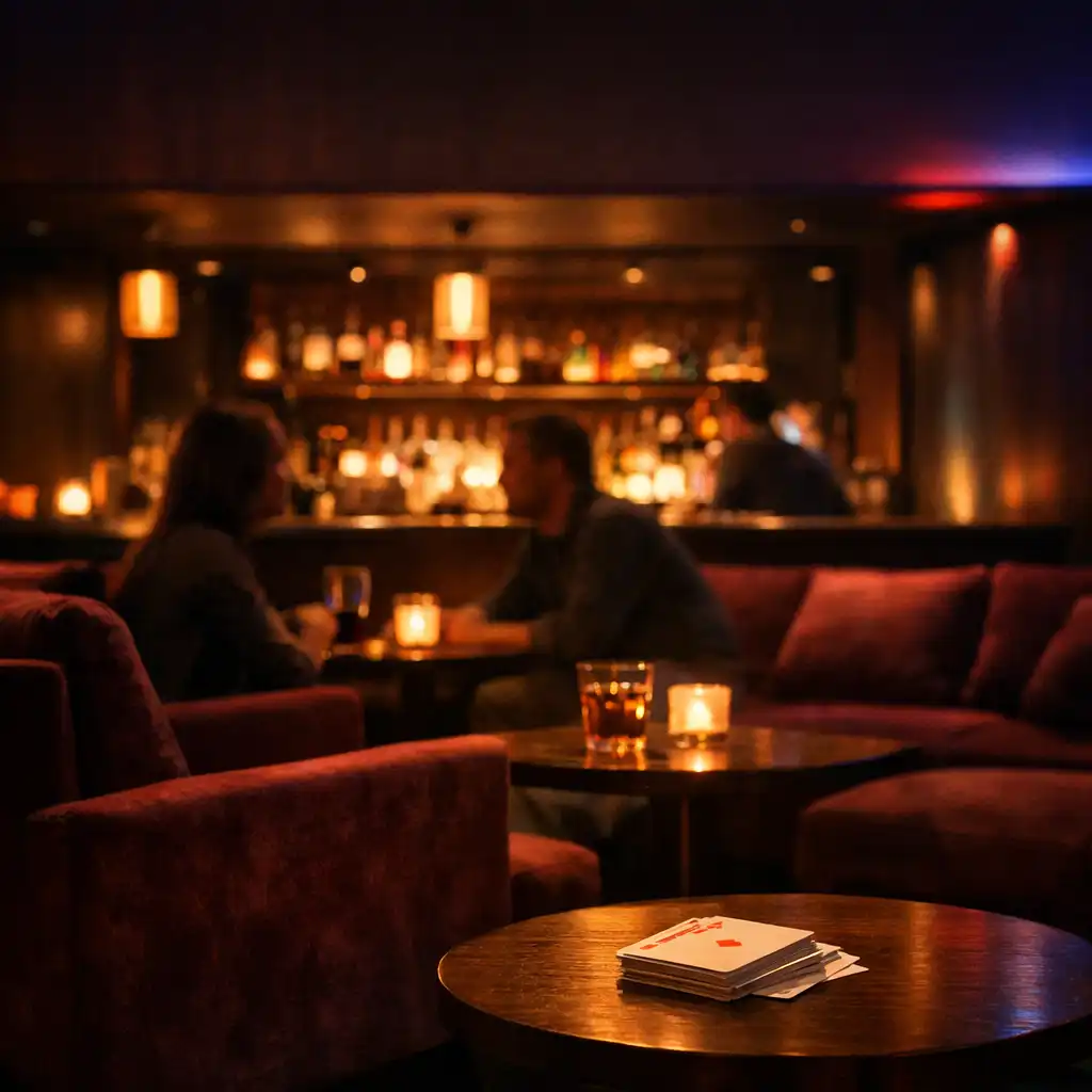 Low-lit card lounge with seating and a refined bar-side glow