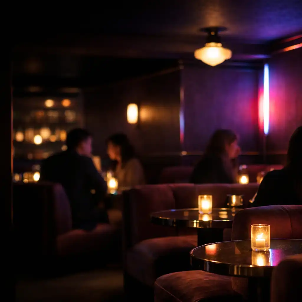 Plum banquette seating and candlelit tables in the Dusk and Chance card lounge