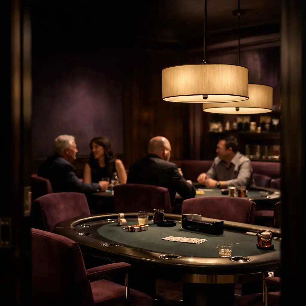 Warm pendant-lit dedicated card room with refined poker tables at Dusk & Chance