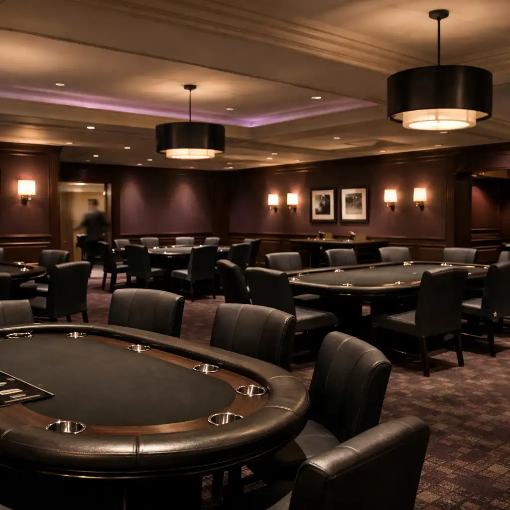 The dedicated card room with framed tables, upholstered chairs and pendant lighting