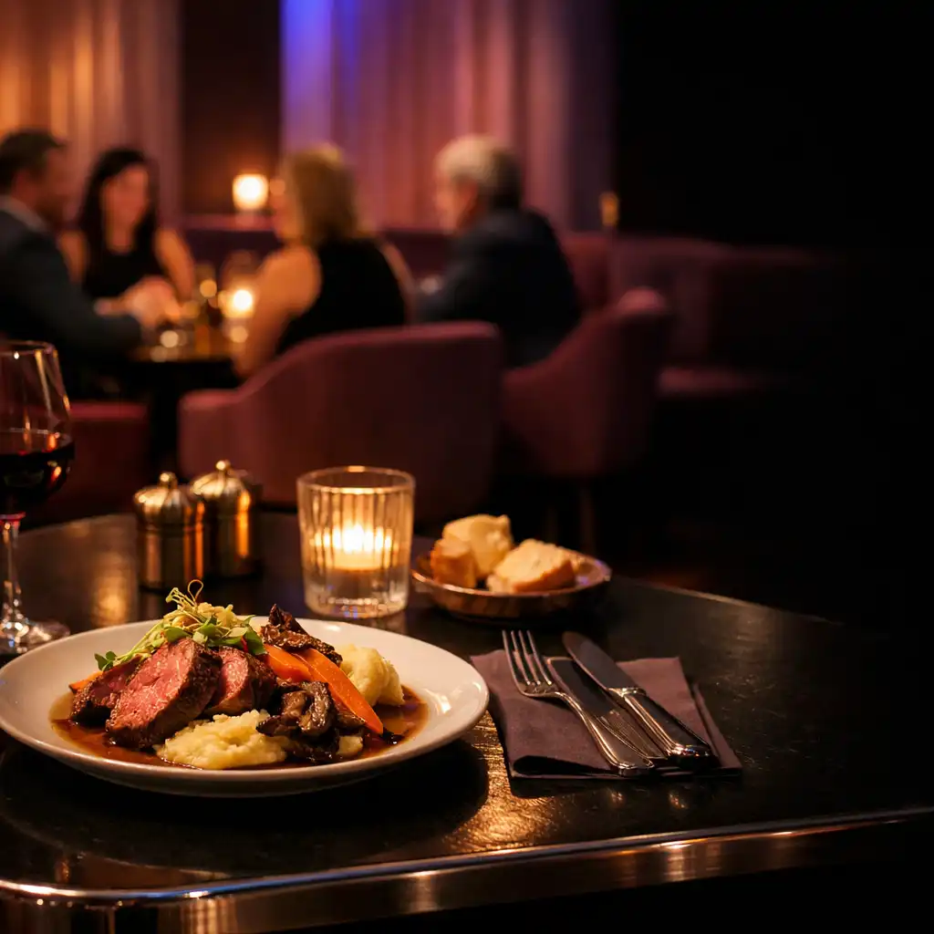 A plated dinner on a dark restaurant table with Dusk & Chance’s card lounge softly visible beyond.