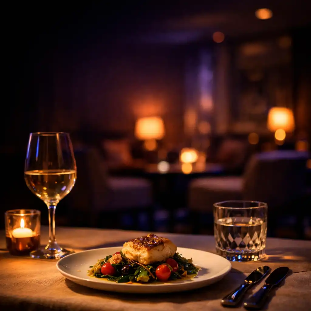 Warmly lit dinner table at Dusk & Chance with glassware, a plated dish and deep evening shadows.