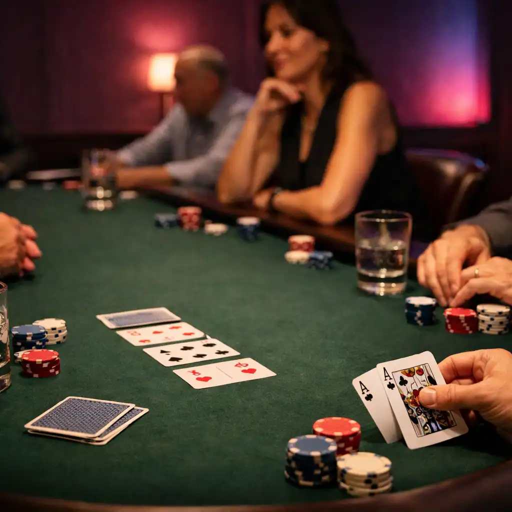 Guests' hands around tabletop cards and water glasses in the dedicated card room.