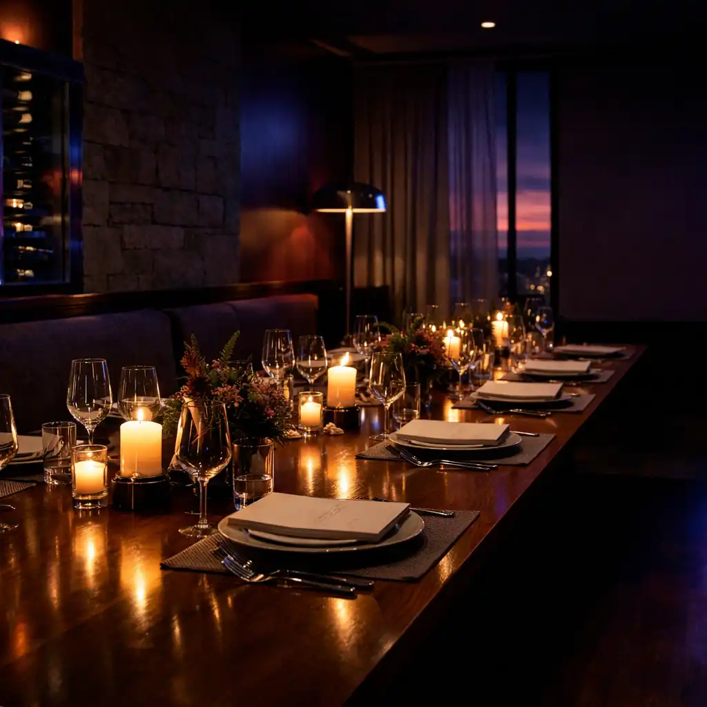 A long private dining table prepared after dark with place settings, glassware and soft purple light.
