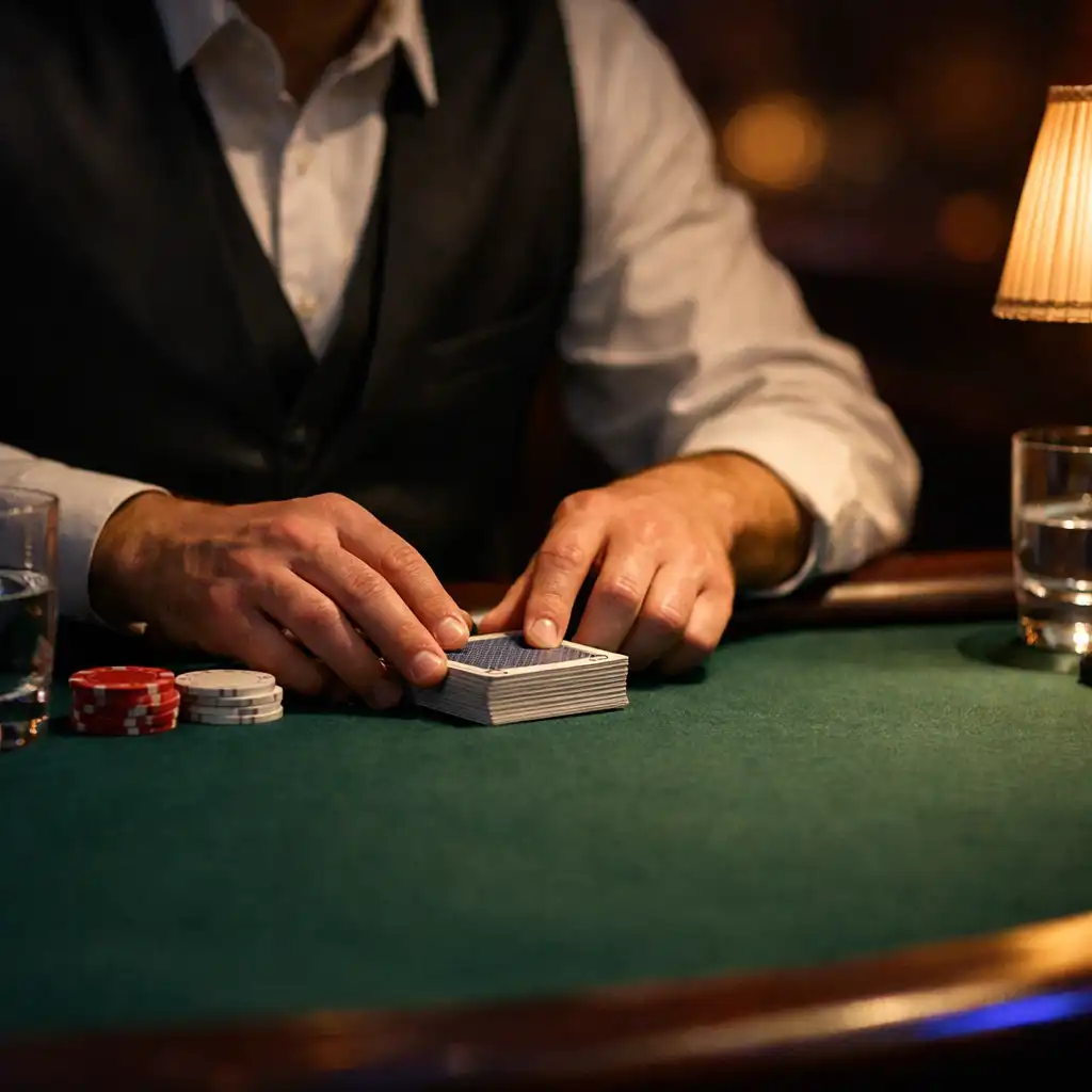 A host arranging cards and table details in the Dusk & Chance card room.