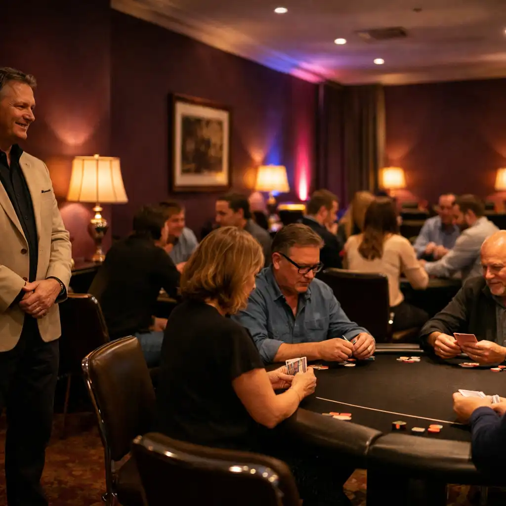 A host and small groups of guests gathered around organised poker tables in a softly lit Dusk & Chance card room.