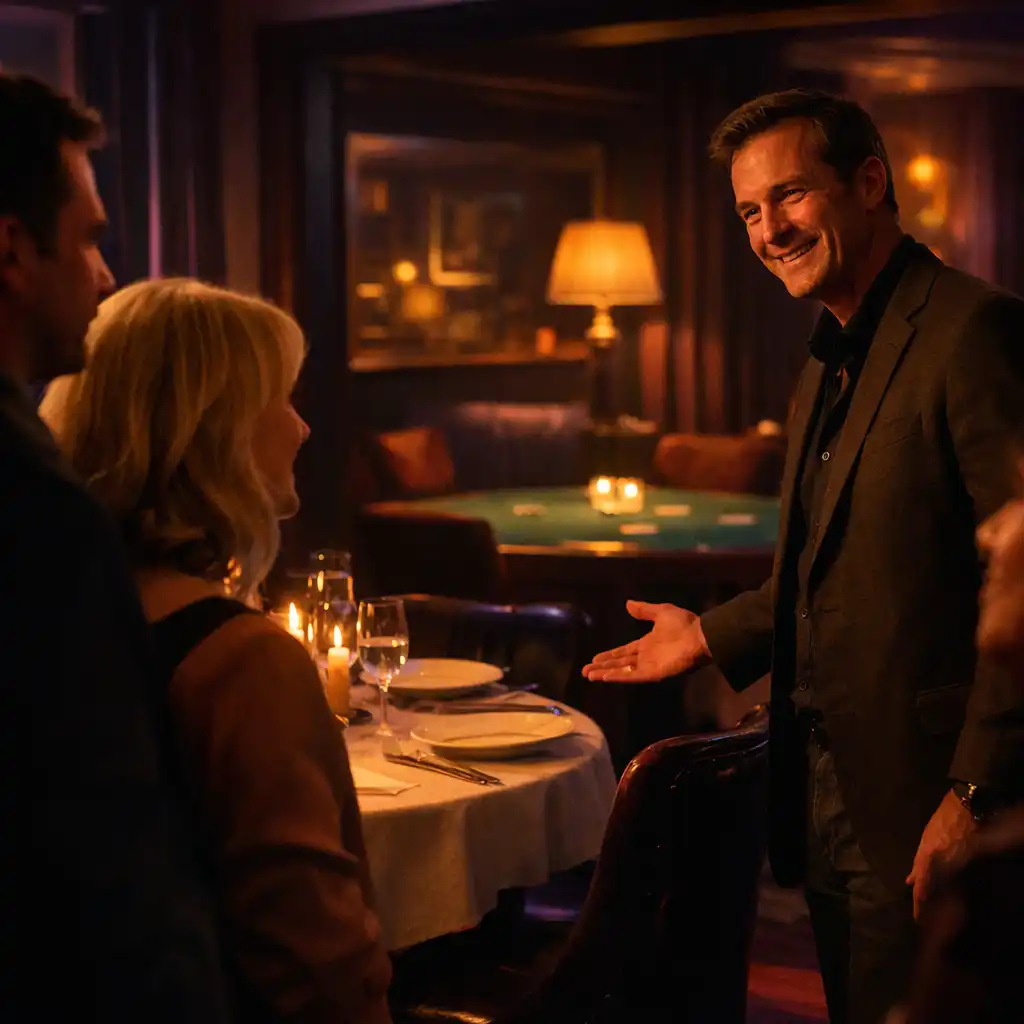 A host welcoming a small group near a candlelit dinner table and card-room setting