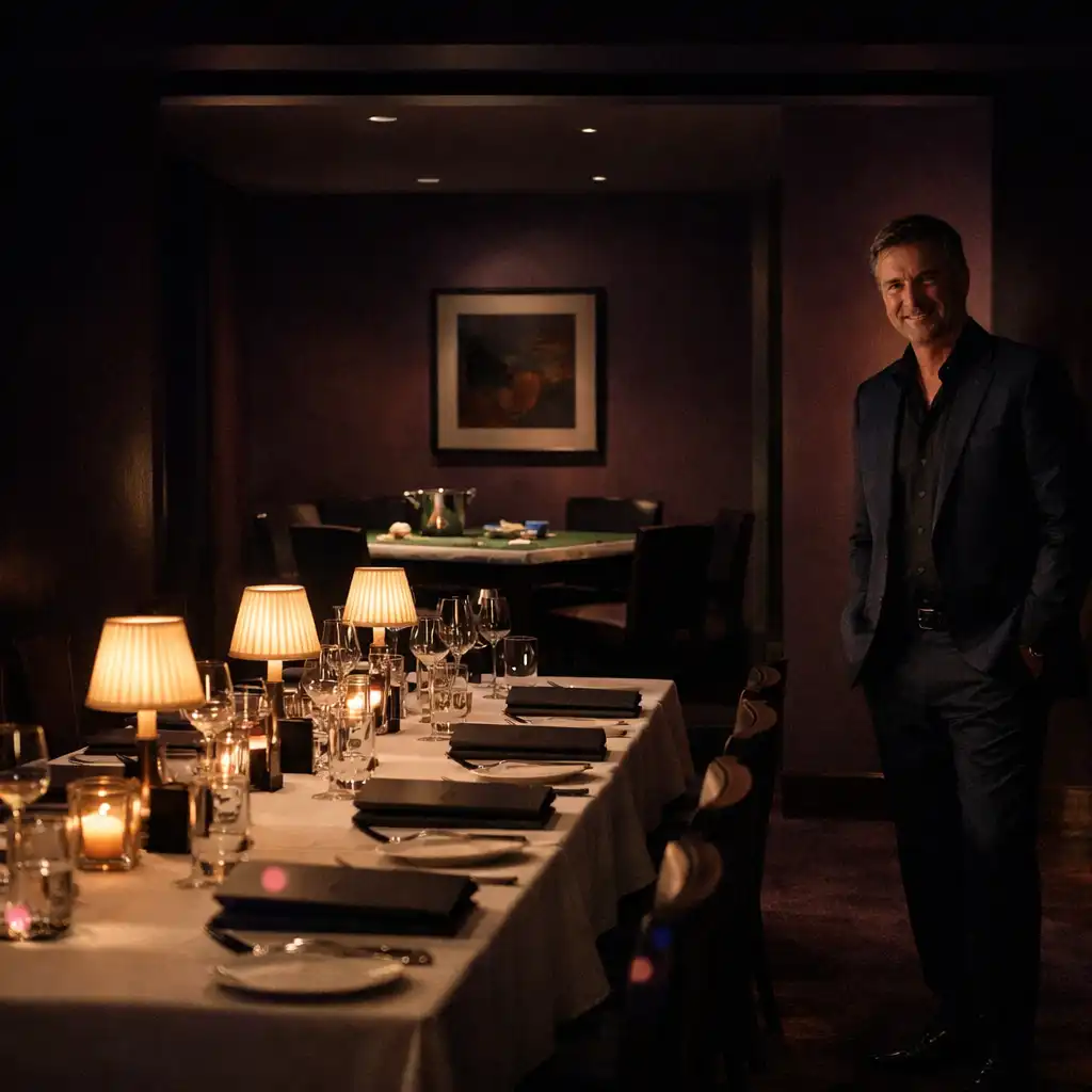A private room prepared for a hosted evening with a long dining table and discreet card-room setting.