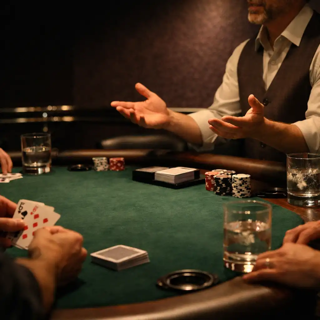Host welcoming adult guests around a polished poker table in the dedicated card room
