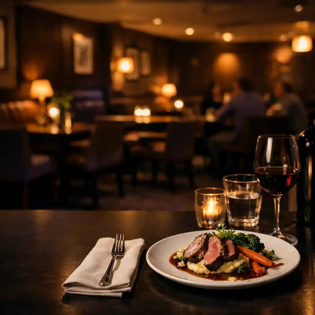 Plated late-night dinner on a dark table with the softly lit card lounge beyond