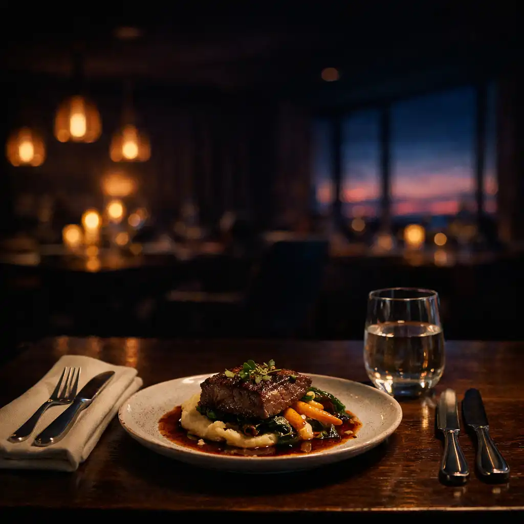 Plated dinner on a dark table in warm late-night light