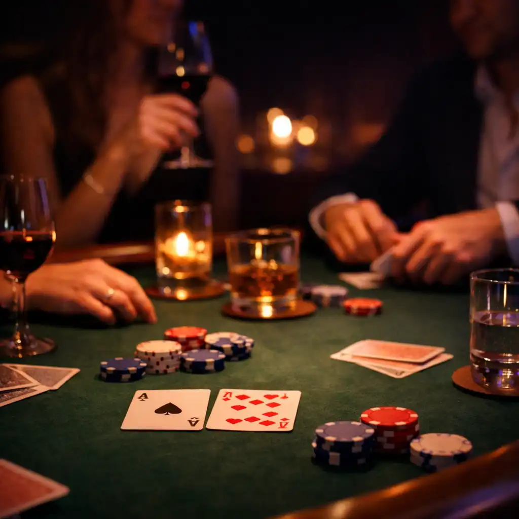 Hands gathered around a felt poker table in Dusk & Chance’s low-lit card-room setting.