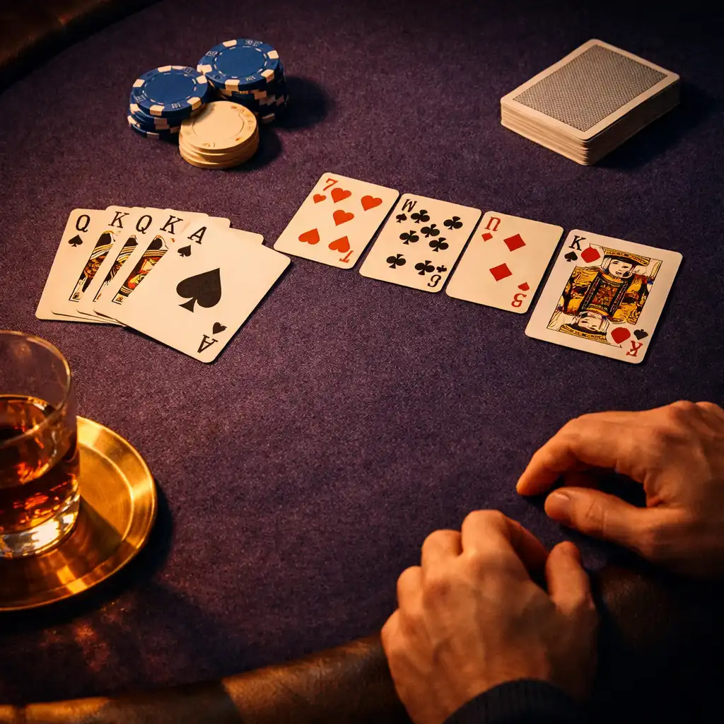 Playing cards and non-financial table props arranged on a physical poker table