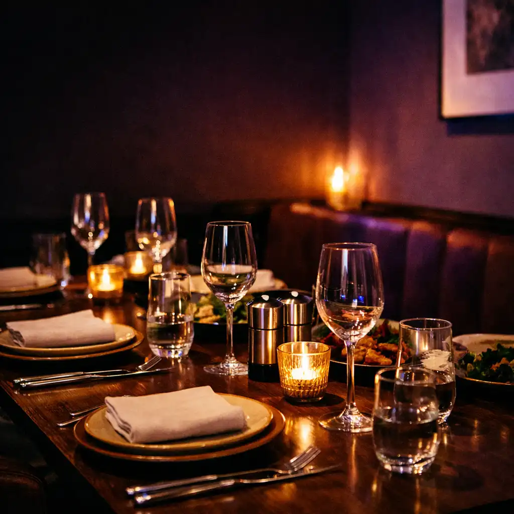 An intimate late-night private dining table set with glassware, linen and plated food.