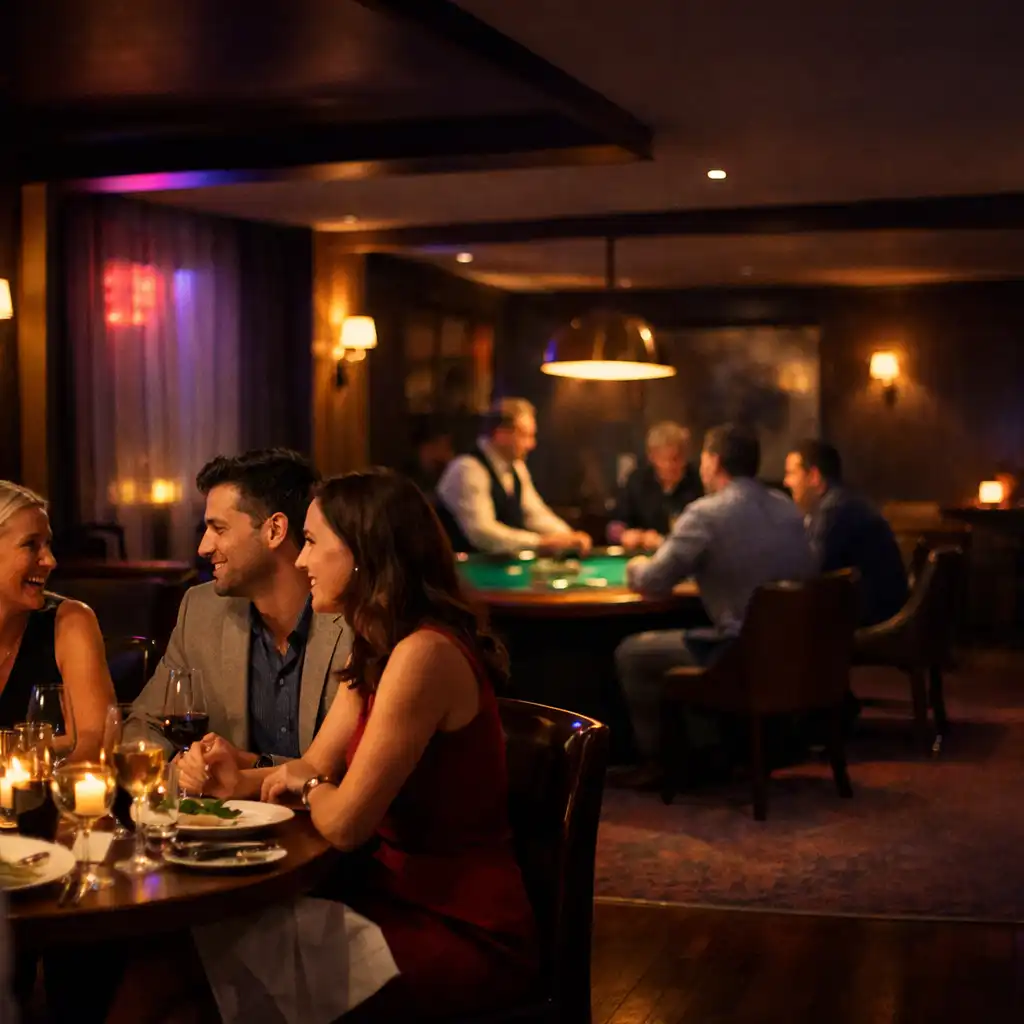 A small group dining in the card lounge with a softly lit table deeper in the room.