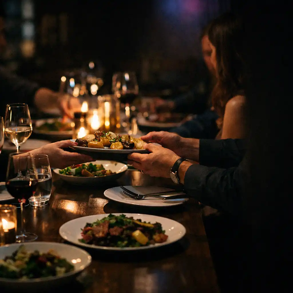 Hands sharing plated dishes across a long private dining table during late service.