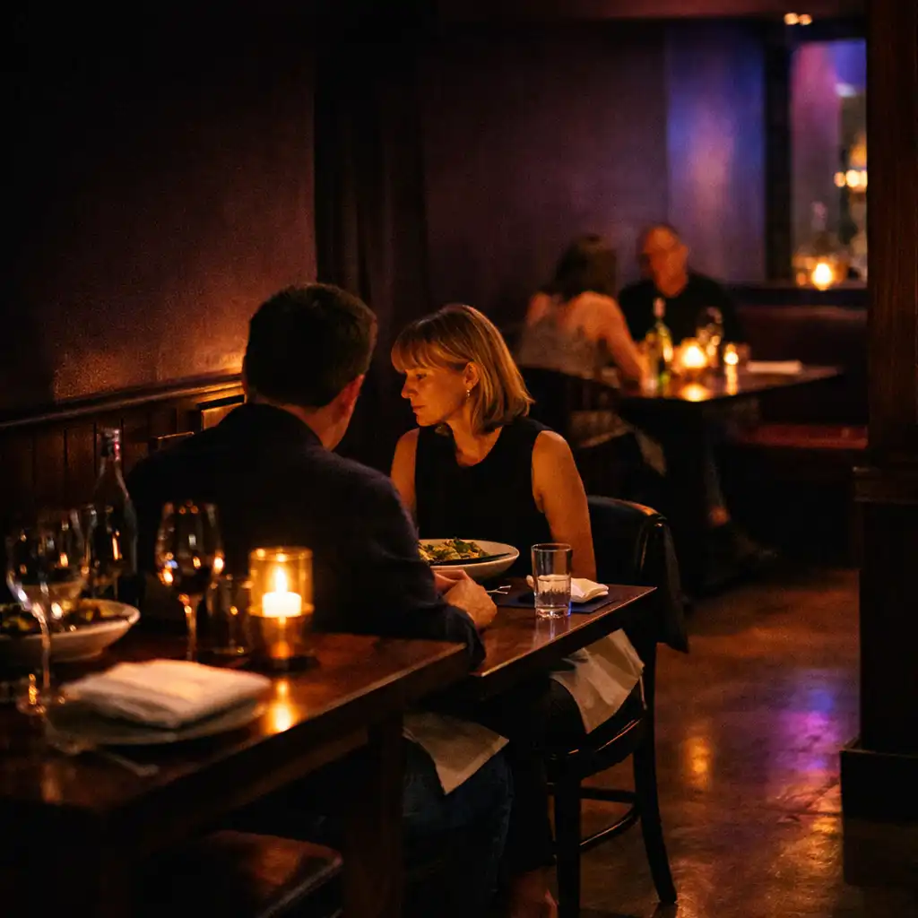 Diners seated at a candlelit table in the shadowed dining room at Dusk and Chance