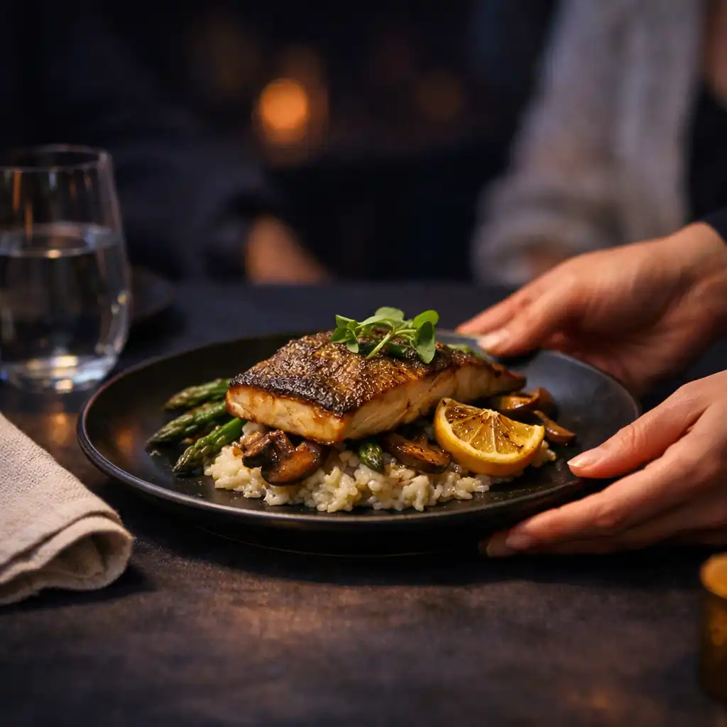 A plated late-night dinner arriving at a candlelit restaurant table